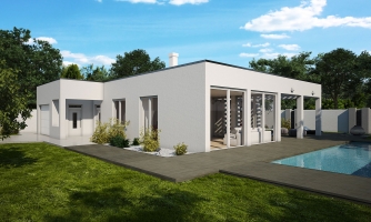 L-shaped family house with a garage and flat roof.